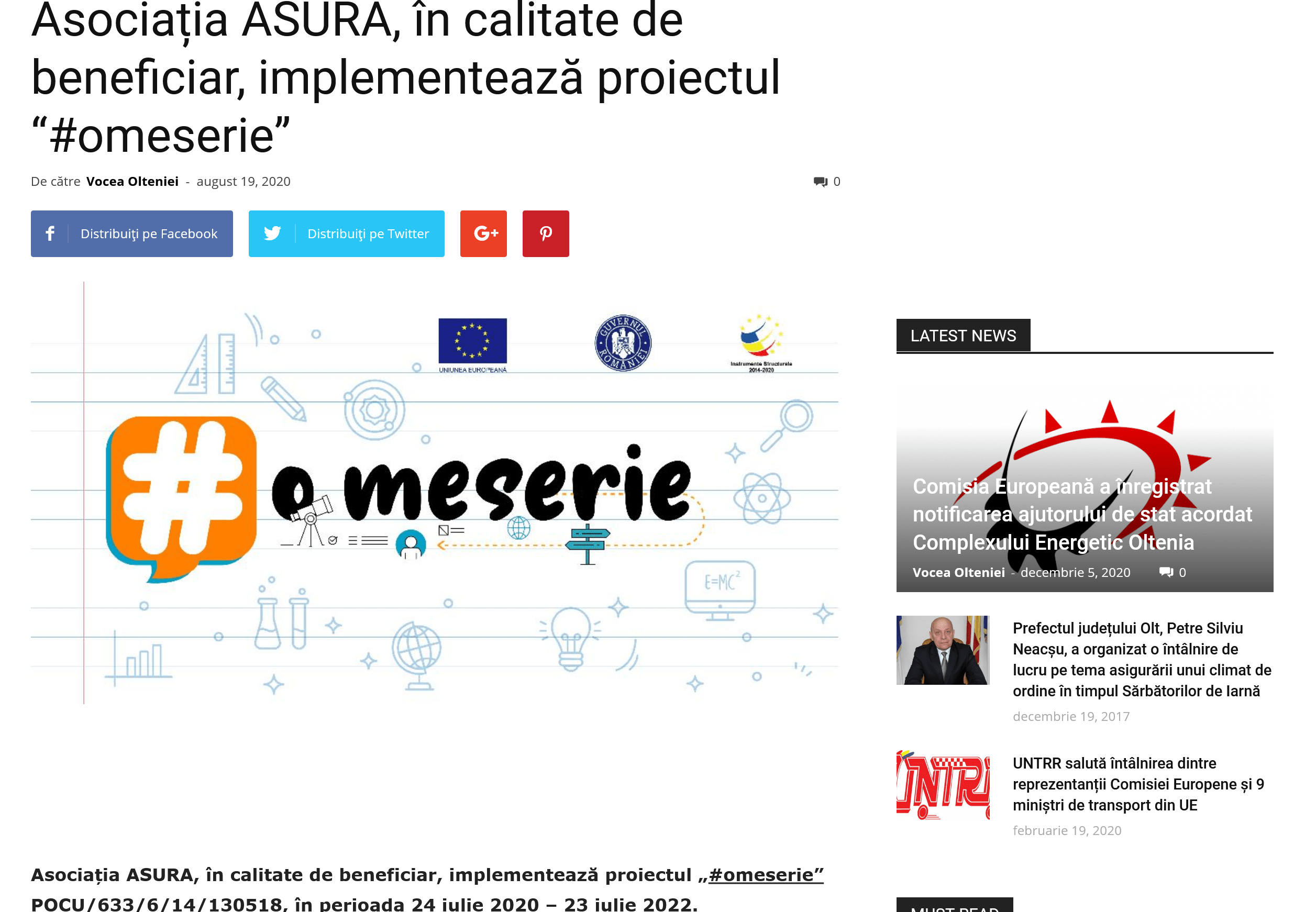 Asociația ASURA, în calitate de beneficiar, implementează proiectul “#omeserie”